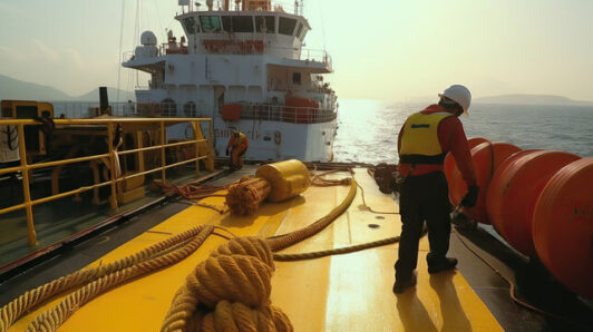 Seabrook crew member on vessel deck at sunset